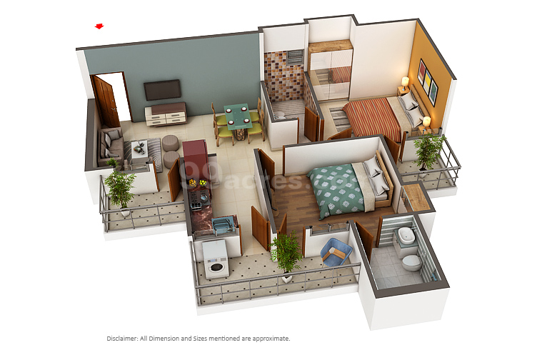 The floor plan size of Rajhans Residency 2 BHK Flat is 1050 sq ft.
